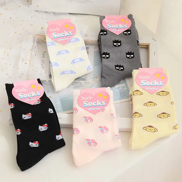 Носки hello kitty My Melody Cinnamoroll pompomprin женские осенние хлопковые носки с рисунком для девочек, рождественский подарок, Прямая поставка