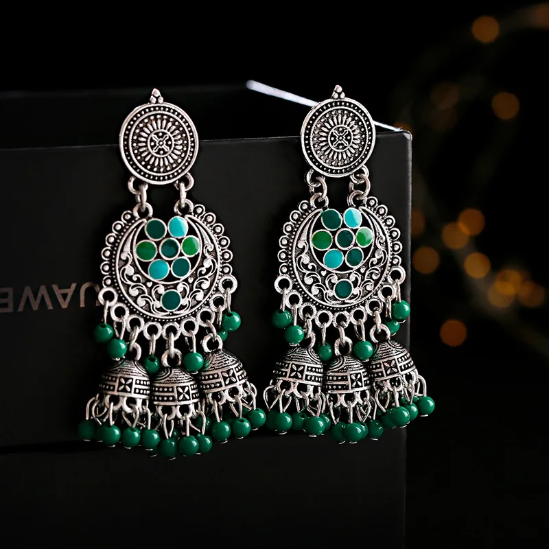 TopHanqi, новинка, индийские серьги Jhumka для женщин, золотые, серебристые, металлические, цветные бусины, большой колокольчик, цветок, резная кисточка, висячие серьги