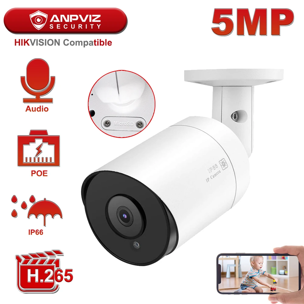 Hikvision-cámara IP tipo bala de 5MP para exteriores e interiores, videocámara de seguridad IR de 30m con micrófono de Audio Onvif IP66, Compatible con Anpviz