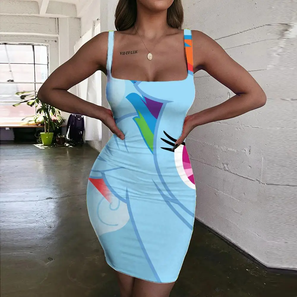 

Женское платье с лямкой на шее KYKU, летнее облегающее платье в стиле хип-хоп с 3D-принтом единорога и радужной лямкой на шее, 2019
