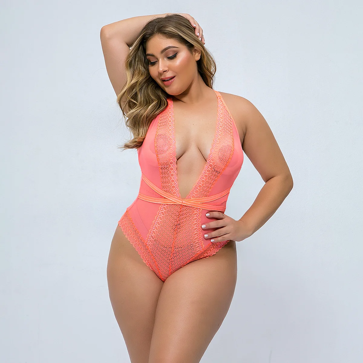 Боди размера плюс 4XL, женский сексуальный кружевной комбинезон mujer, формирующий тело, сетчатый, прозрачный, с открытой спиной, с глубоким v-образным вырезом WP7314K