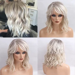 Human Hair Blend Wig Shoulder length Layered Wavy Side Part With Bangs Ombre Women's Black / Grey Ombre Wig14 inch