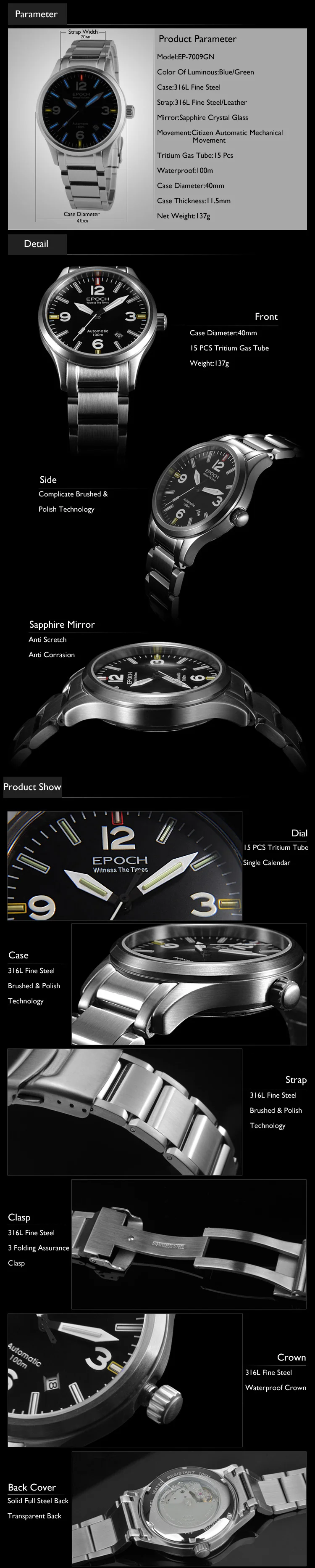 Мужские тритиевые часы, мужские автоматические часы Epoch Роскошные T25 светящиеся водонепроницаемые механические наручные часы reloj hombre 7009G