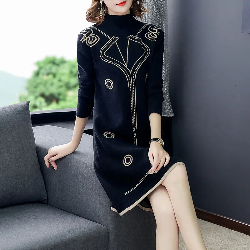 Женское трикотажное платье свитер средней длины с длинным рукавом|Платья| |