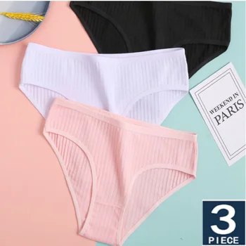 

3Pcs Women's Underpants Soft Cotton Panties Girls Solid Color Briefs Striped Panty Sexy Lingerie Female Underwear Comfort Panty