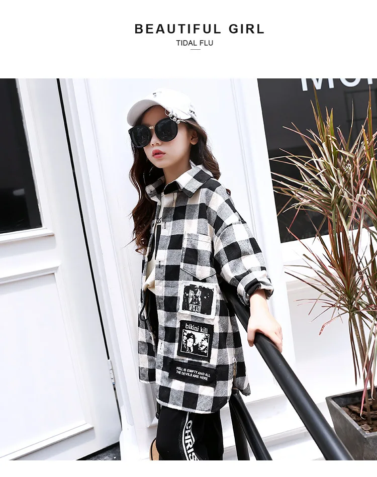 Girls Plaid Shirt New Style Autumn Korean-style Western Style CHILDREN'S Garment Long-sleeve Blouse Big Boy Autumn Clothing