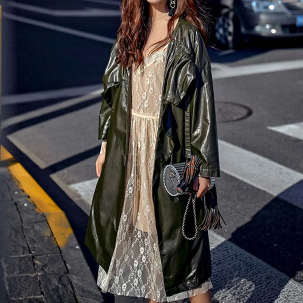 Winter New Oversize PU Faux Leather Jacket Women Trench Coat Streetwear Long Coats Red Fashion Female Motor Windbreaker Overcoat