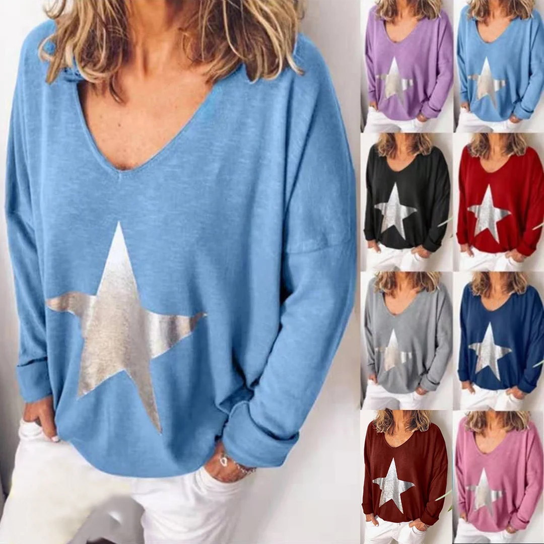 

Autumn Long Sleeve T Shirt Hip Hop Star Print Harajuku Tshirt Women V Neck Loose Tee Tops Loose Casual Streetwear Plus Size 5XL