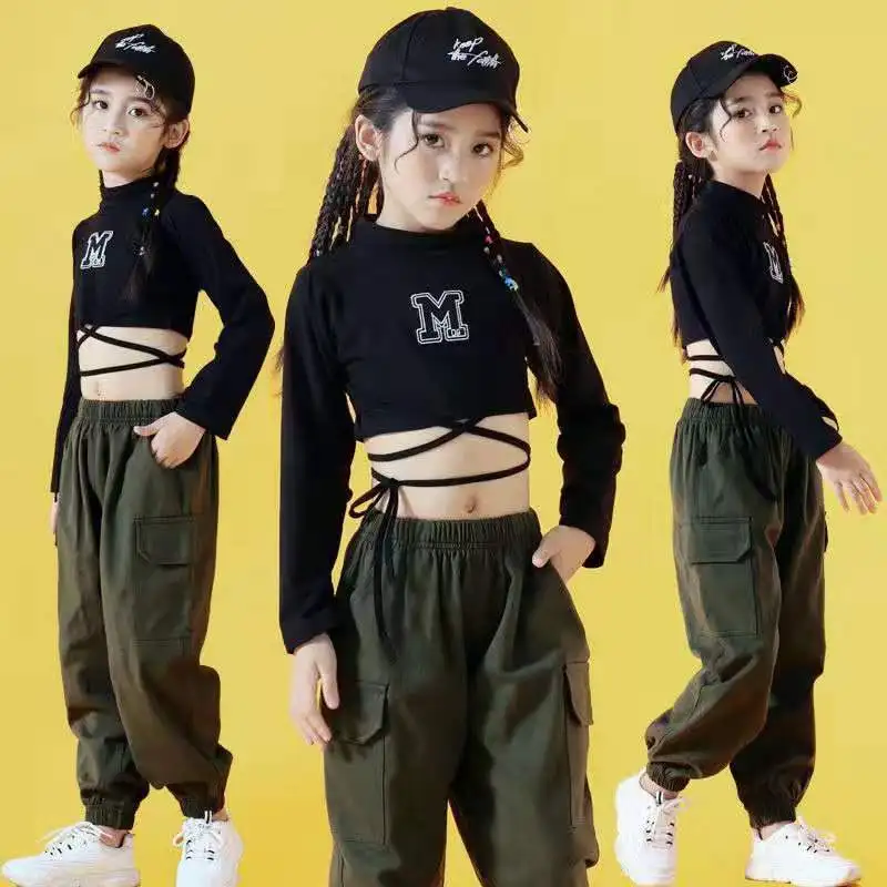

[Hip Hop Set] Girls Hip Hop Performance Wear Korean-style Navel Tops Bib Overall Children Jazz Dance Costume