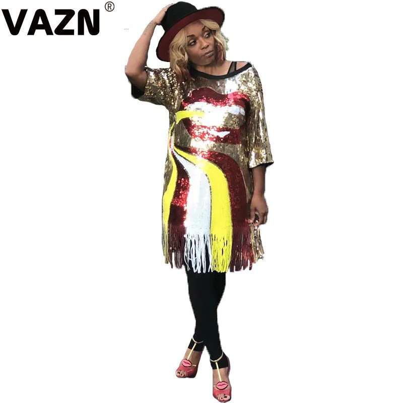 VAZN,, неопрятное, натуральное, свободное, тяжелое, ИНДУСТРИАЛЬНОЕ, расшитое блестками, высокое качество, сексуальное, молодежное, модное, половина рукава, женское прямое мини-платье