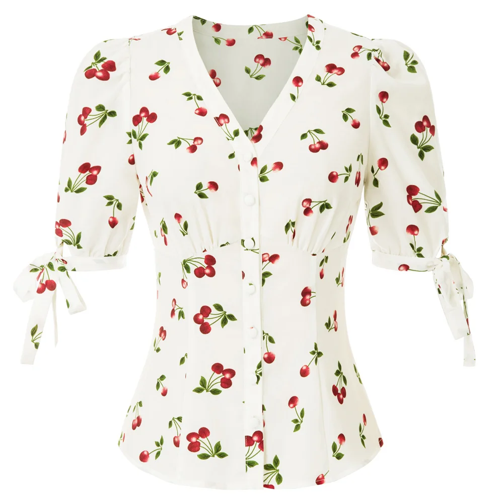 

Women's Cherries Pattern Shirt Tops Short Puff Sleeves V-Neck Button Placket Slim Fashion Print Blouse Summer Top Ladies Clothes