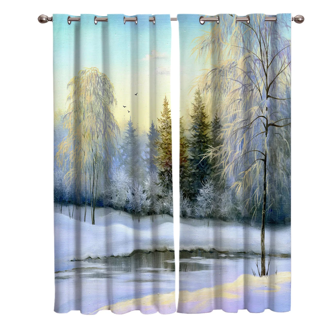 Winter Snow Lake Woods Jungle Birds Beautiful Cloud Window Curtains Living Room Curtain Rod Kitchen Drapes Fabric Home Decor |