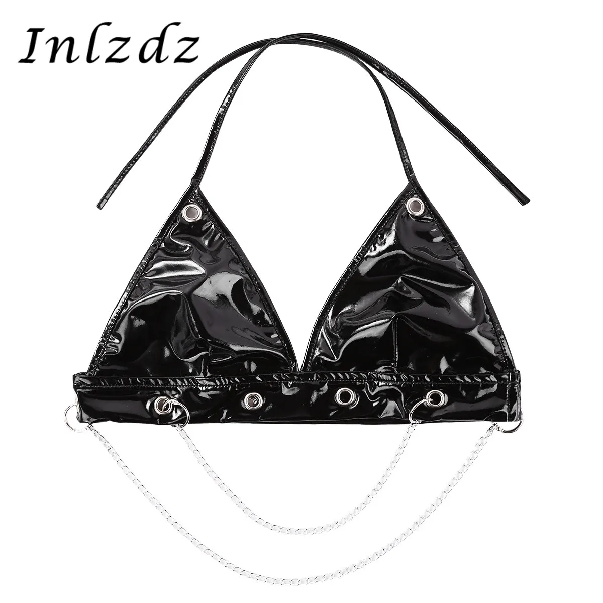 Women's Latex Bra Sex Wet Look Patent Leather Lingerie Haltered Neck Backless Triangle Bra Top with Metal O-rings and Chains photo