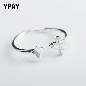 

YPAY Luxury Zircon Butterfly Rings for Women 100% Genuine 925 Sterling Silver Open Adjustable Finger Ring Fine Jewelry YMR491