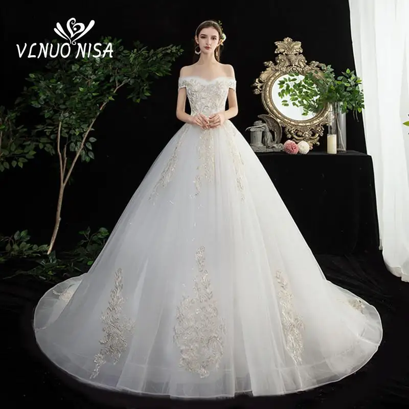 Горячая Распродажа, корейское кружевное платье с аппликацией, Vestidos De Novia, свадебное платье, модное Сексуальное Милое роскошное бальное платье с v-образным вырезом и открытыми плечами