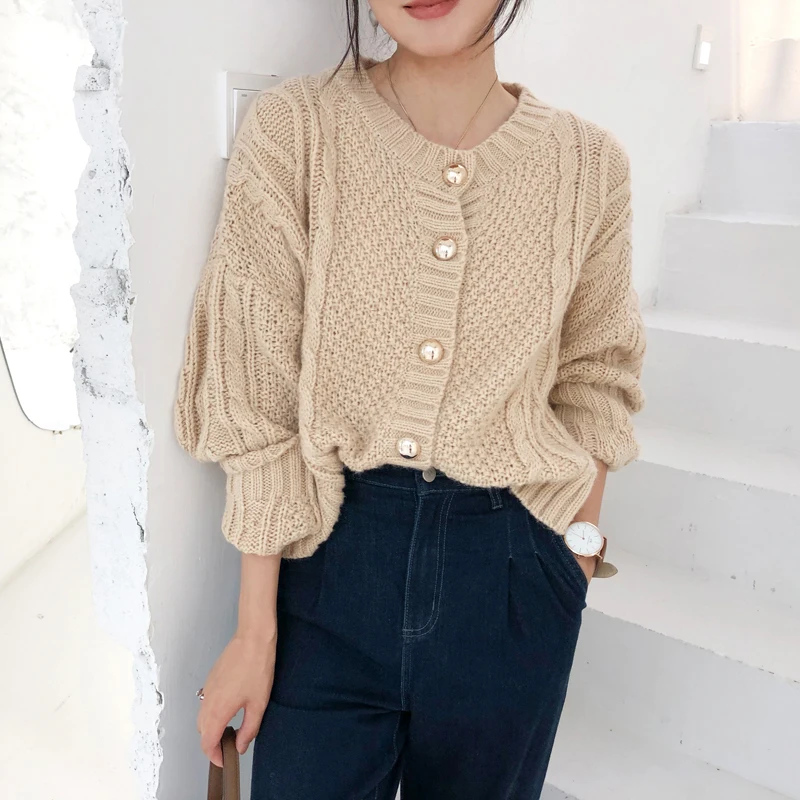 GALCAUR/вязаный женский свитер с круглым вырезом и длинными рукавами; теплые толстые корейские женские кардиганы; коллекция года; Осенняя модная новая одежда