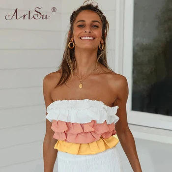 

ArtSu 2020 Beach Boho Women Sexy Bustier Off Shoulder Crop Top Ruffle Tube Shirt Female Hollow Out Bandage Party Summer Top Pink
