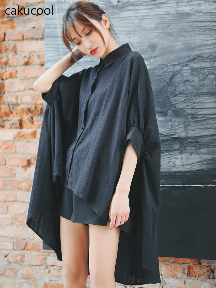 Cakucool BF wind shirt female five-point sleeves short long irregular loose niche design Cloak t-shirt | Женская одежда