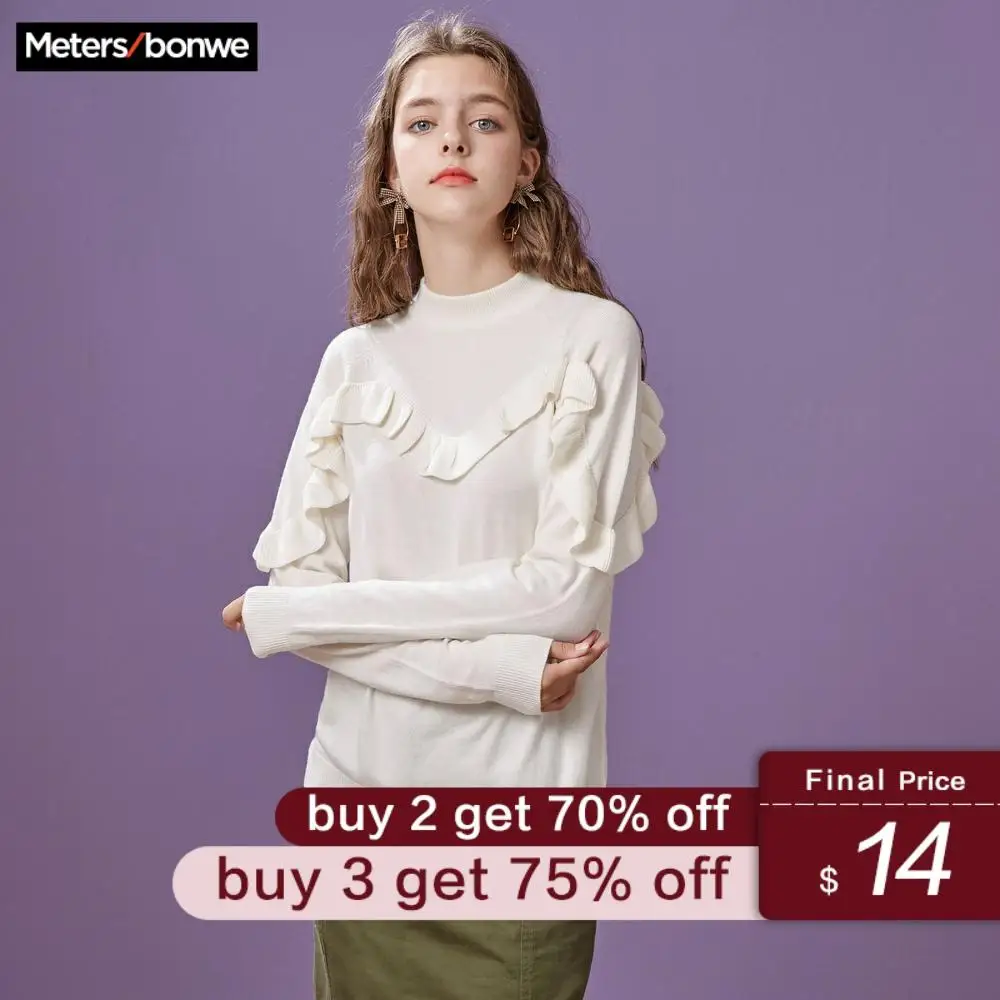 

METERSBONWE New Winter Female Sweater Front Chest Lace Pullover Sweater Korean Fashion Sweater