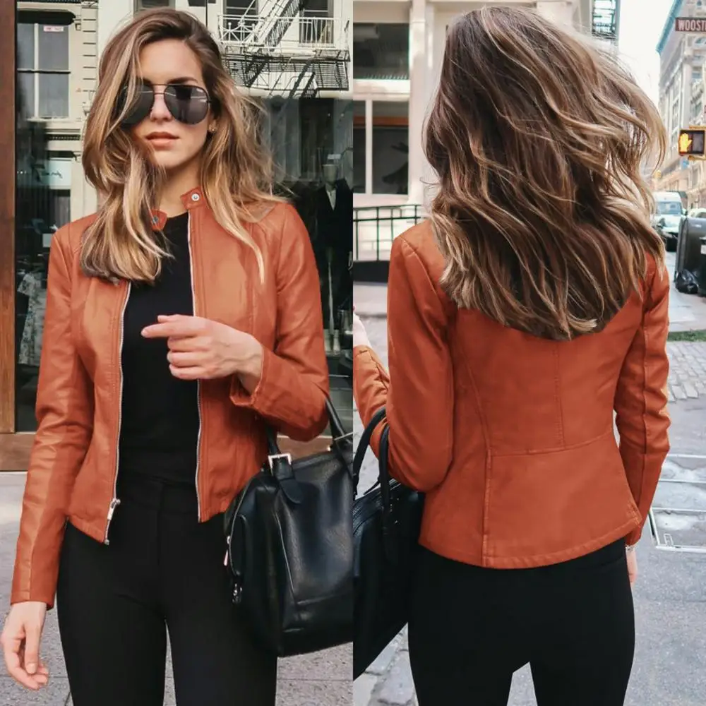 Новая кожаная женская куртка из искусственной кожи, короткая верхняя одежда, пальто, модная куртка, гранж, повседневная верхняя одежда, крутая уличная одежда, MC-6036 - Цвет: Оранжевый
