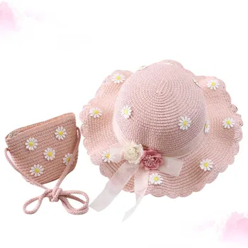 

2Pcs Fashion Bag Children Daisy Sun Hat Girls Summer Beach Hat Wave Straw Hat Topee Children Hat and Bag for Girls (Pink)