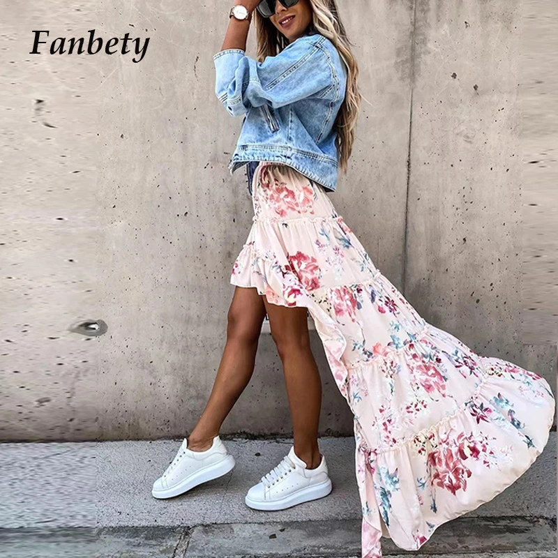 Faldas largas con flores para mujer, falda elegante con estampado de con flecos irregulares, a la moda, para fiesta, y verano, XL|Faldas| - AliExpress