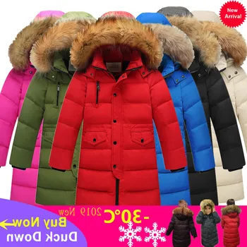 

& Russia Winter Boys Girls Winter Duck Down Children Thickening Warm Down Jackets Long Big Fur Hooded Outerwear Coats Kids Down