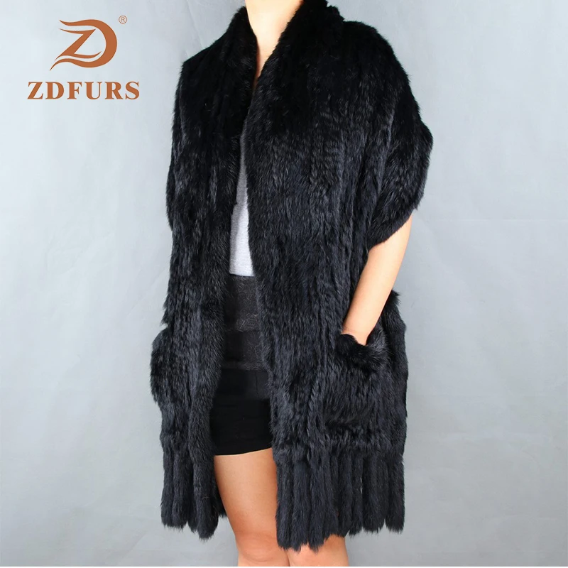 ZDFURS* роскошный женский настоящий вязаный кроличий мех шарфы с ...