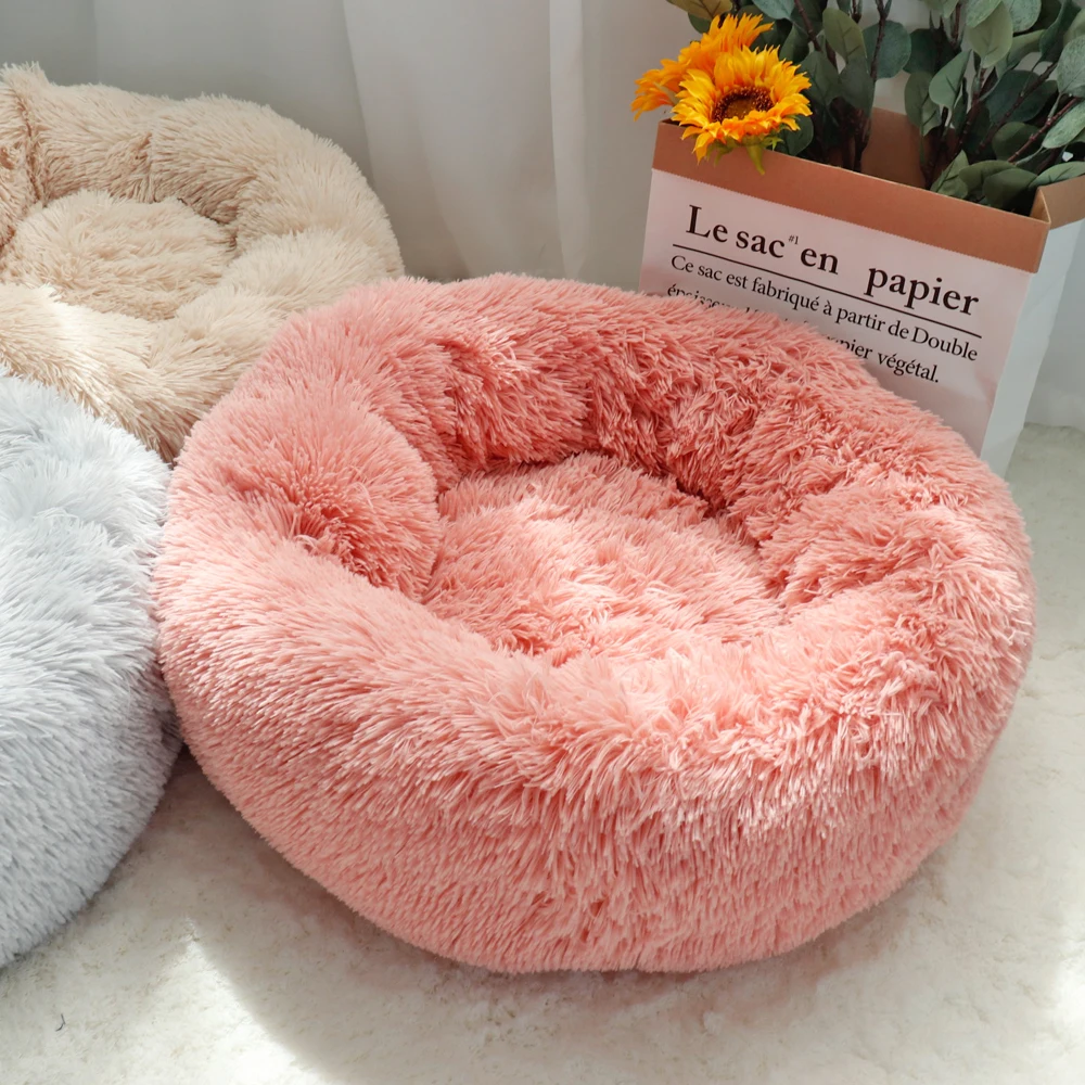 Pet Dog Bed Warm Fleece Round Dog Kennel House Long Plush Winter Pets Dog Beds For