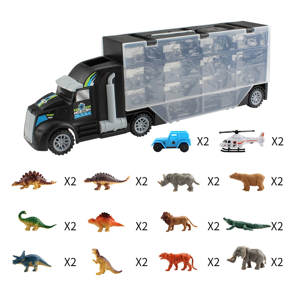 

Toy Car Set Early Learning Kids Dinosaur Model Carrier Trucks Double Sided Gift Animal Transport Container Simulation Education