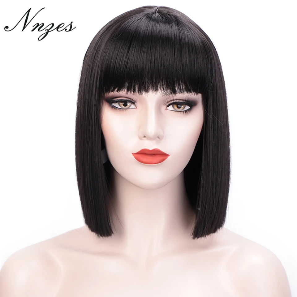Artículo caliente NNZES 12 pulgadas negro recto peluca Bob con flequillo corto sintético pelucas para mujeres fibra resistente al calor Cosplay del pelo peluca 73oqBkprK