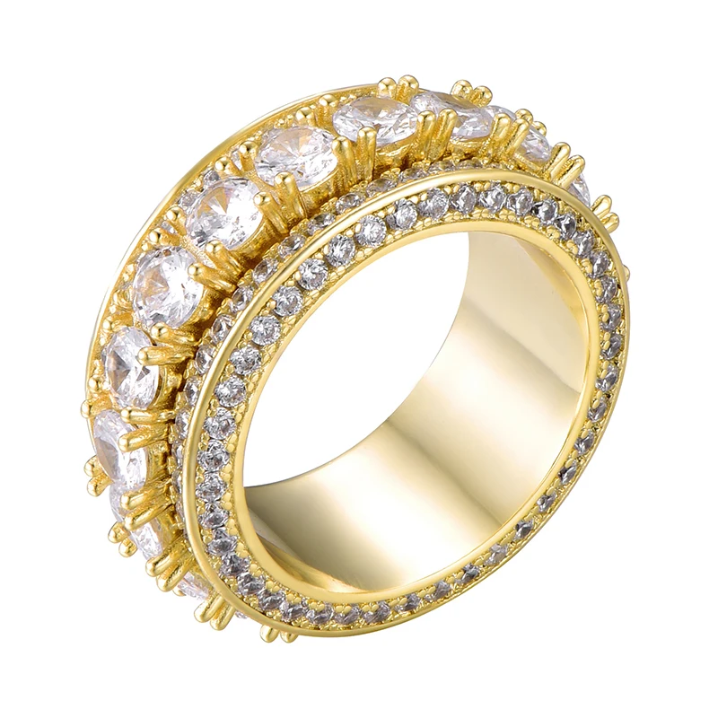 Вращающийся 5 ряд Iced Out Bling Full CZ Charm Tready медь, кубический цирконий кольцо для мужчин хип-хоп ювелирные изделия золото серебро Размер 8-11 - Цвет основного камня: Gold