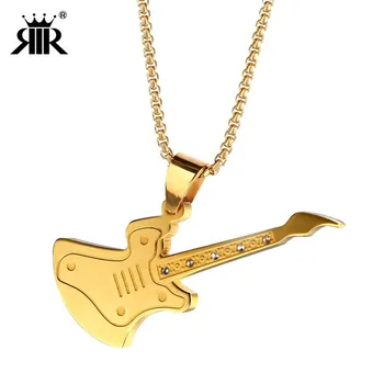 

Stainless steel rock electric guitar necklace gold cubic zirconia music necklace titanium steel pendant hip hop jewelry