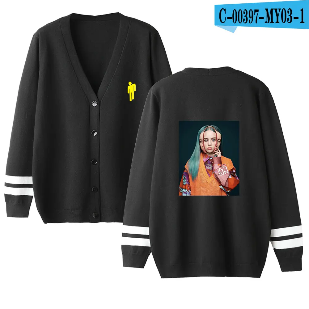 Billie Eilish свитер для женщин/мужчин осень/зима вязаный кардиган одежда в стиле хип-хоп пальто короткая женская шаль большого размера плюс - Цвет: black