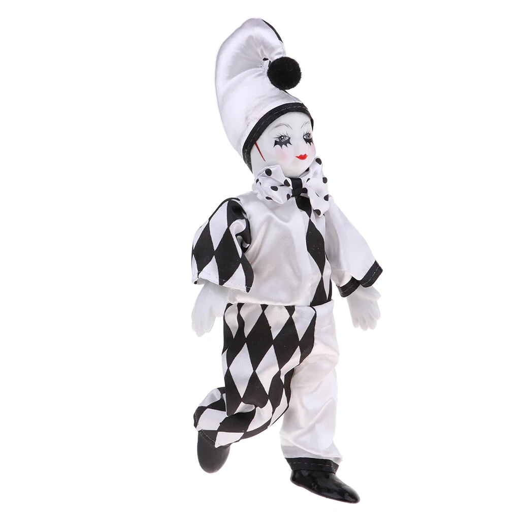 25cm 10inch Funny Porcelain Standing Clown Man Doll in Black & White Costume Home Decor