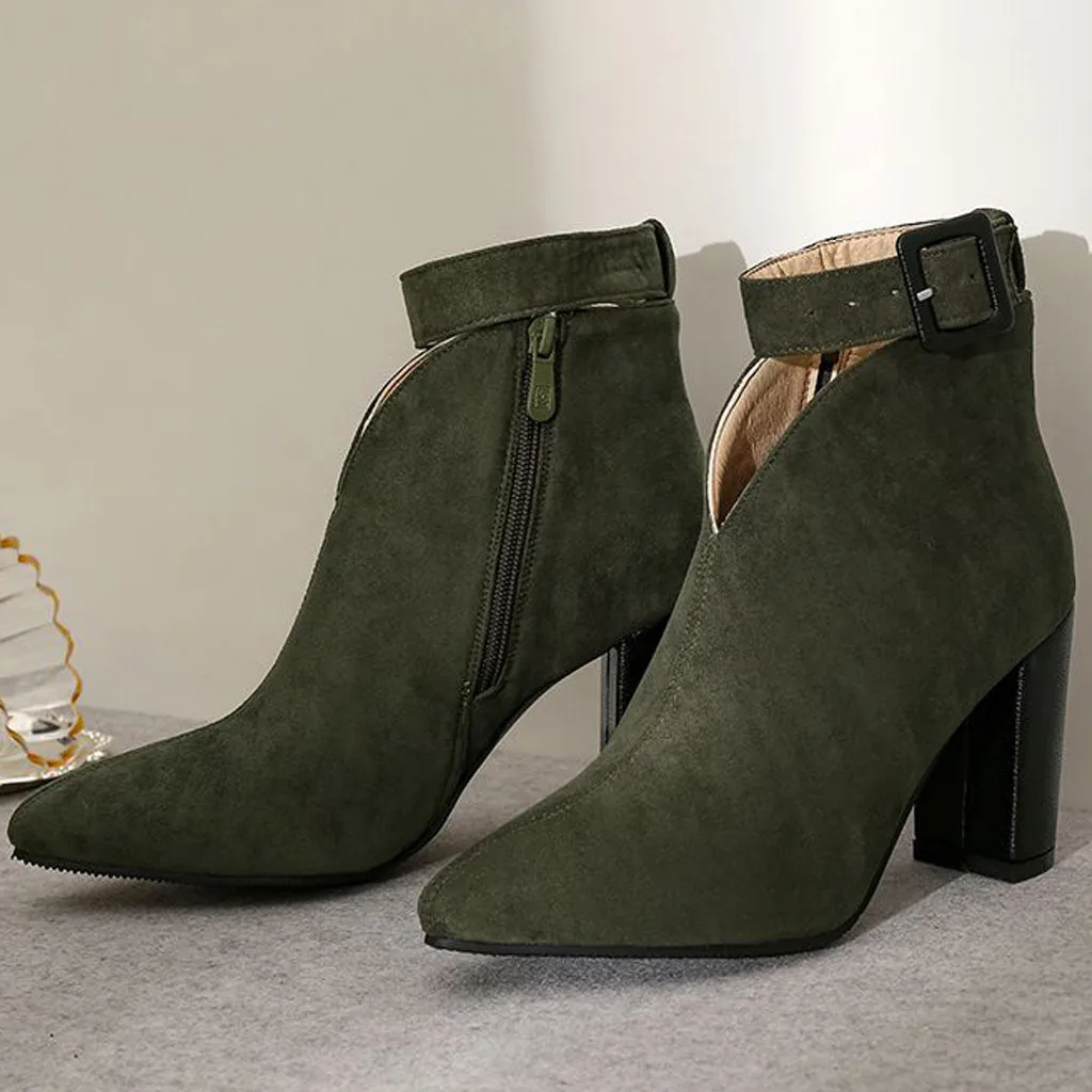 

Ankle Boots Women Buckle Strap Casual Shoes Square Heel Pointed Toe Fashion Short Boots Solid Color Woman Zipper High Heel Shoes