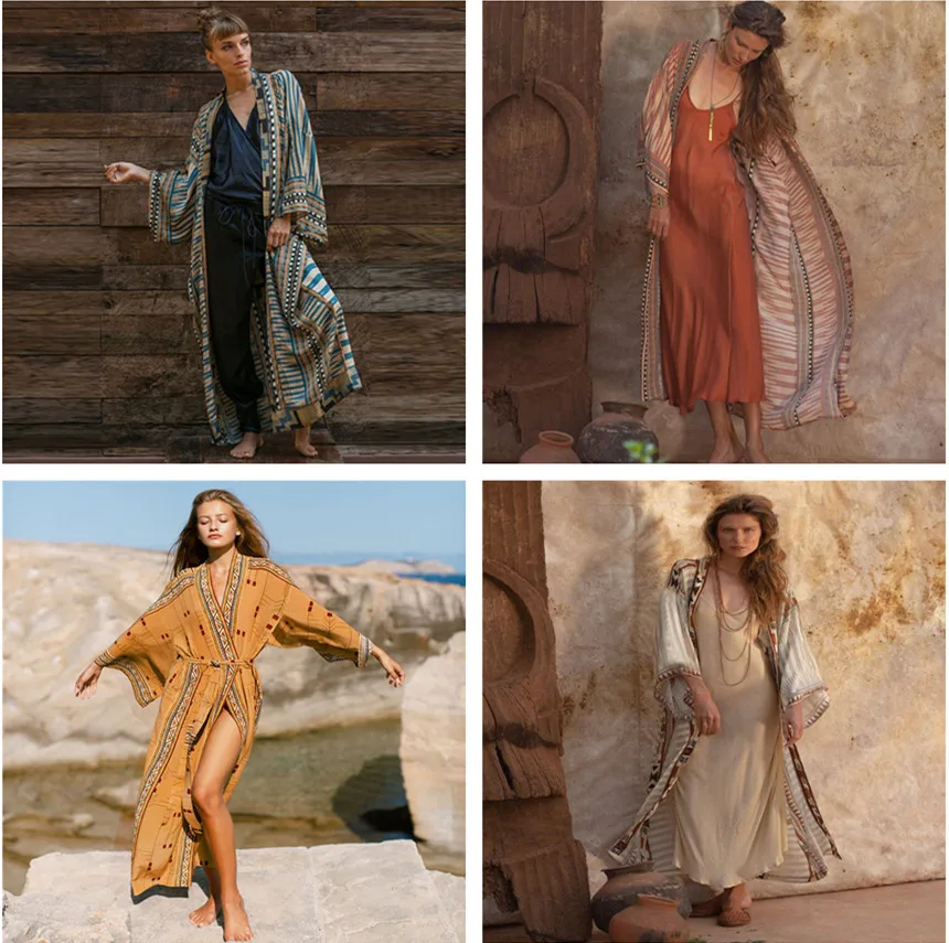 

Bikini Cover-ups Boho Print Self Belted Front Open Long Kimono Beach Dress Beach Tunic Women Swim Suit Cover Up Beachwear