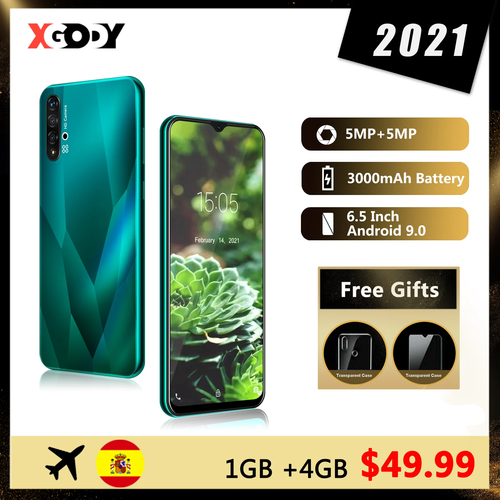 XGODY-teléfono móvil 3G con sistema Android, celular con 1GB RAM, 4GB rom, desbloqueo, Quad Core, Tarjeta SIM Dual, pantalla de 6,5 pulgadas, cámara de 5,0mp, modelo A50 2021