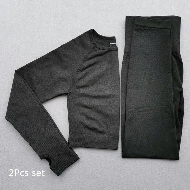 Black 2Pcs set Женский бесшовный комплект для йоги, тренировочная одежда для спортзала, укороченный Топ с длинным рукавом+ Бесшовные Леггинсы с высокой талией, спортивный костюм из 2 предметов - Цвет: Black 2Pcs set
