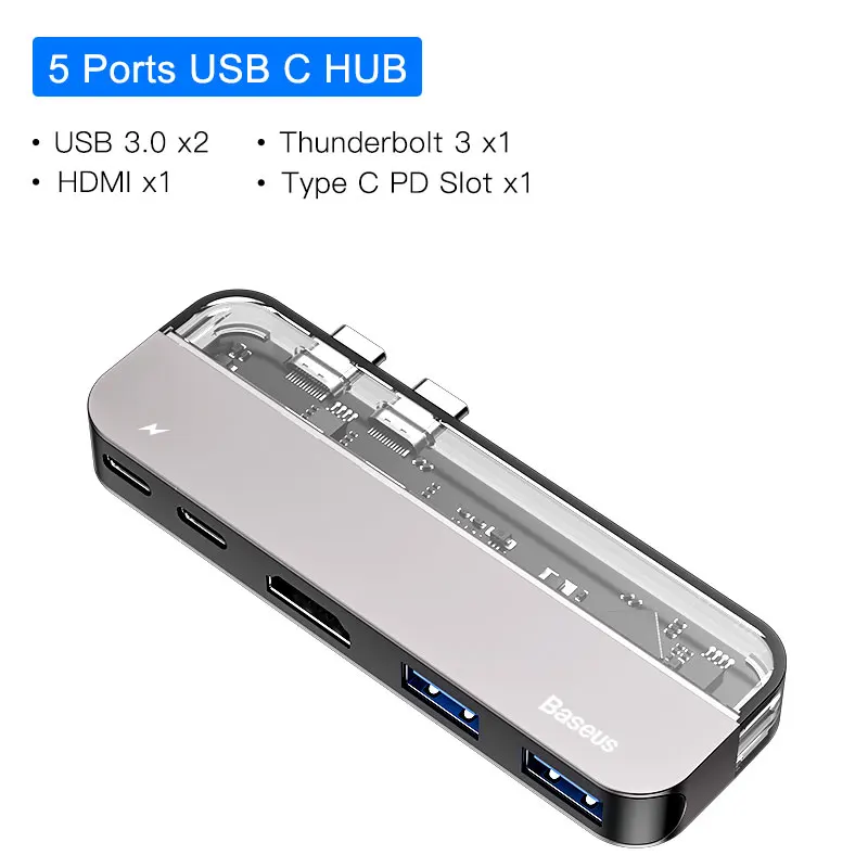 Baseus USB C концентратор 3,0 Для Macbook Pro Surface HDMI Thunderbolt 3 адаптер питания мульти USB 3,0 USB-C type C концентратор для huawei Matebook - Цвет: Gary 5 in 1 USB HUB