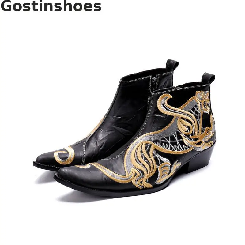 

Men Boots Black Genuine Leather Tiger Embroidered Men Casual Ankle Short Boots Side Zip Pointed Fashion Boots