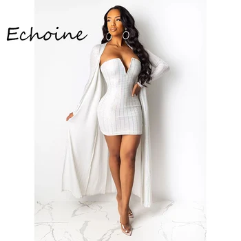 

Sexy Print Two Pieces Set Long Coat + Mini Dress Deep V-neck Long Sleeve Tracksuit Women Party Night Clothes Vestidos