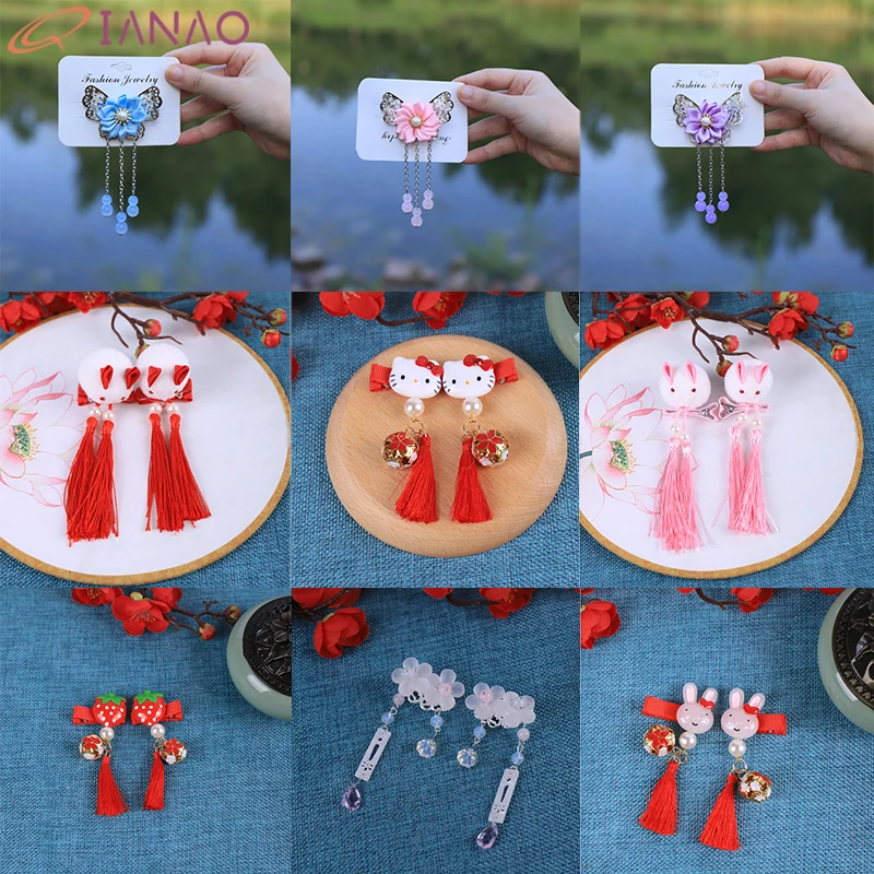 Детские заколки для волос Hello Kitty китайские традиционные с кисточками и цветами