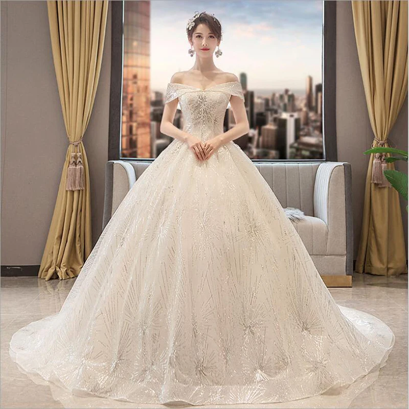 

Vestido de Noiva New Wedding Dress ball gown Boat neck Ruched Bling Light Champagne Ivory Long Train Custom plus sizes