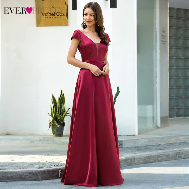 Burgundy Satin Prom Dresses Ever Pretty Double V-Neck Cap Sleeve A-Line Draped Elegant Formal Dresses For Party Vestidos 2020