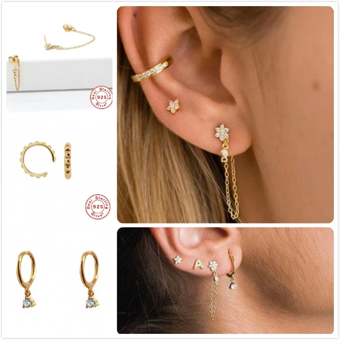 925 Sterling Silver Earrings For Women Party Cartilage Ear Bone Piercing Earrings Punk Girl Gift Gold Flower Zircon aretes R5