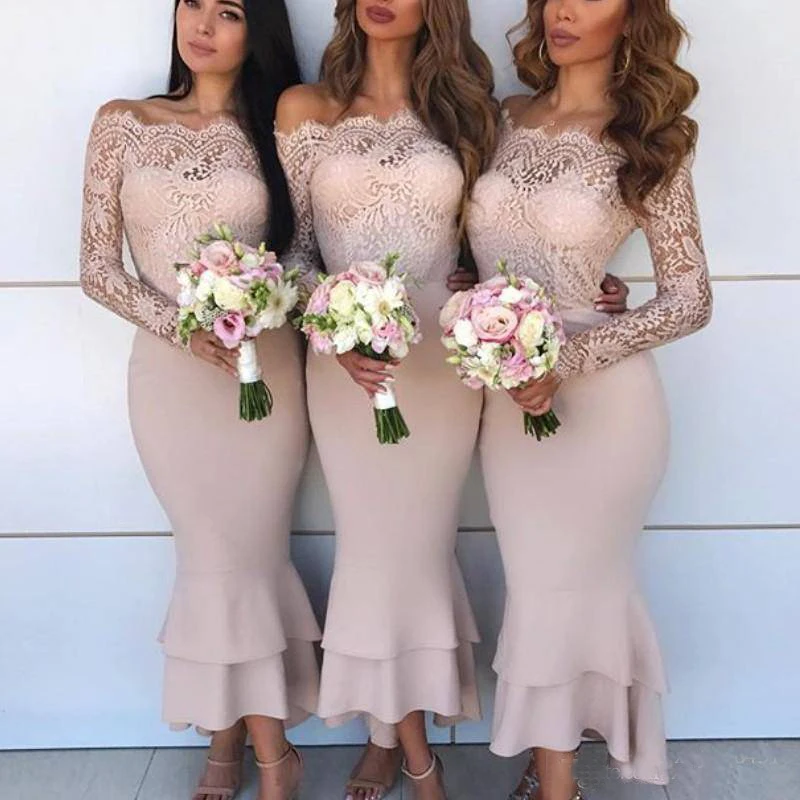 2019 New Arrival Bridesmaid Dresses Appliques Long Sleeves Off The Shoulder Boat Neck Mermaid Bridal Guest Gowns vestido fiesta | Свадьбы и