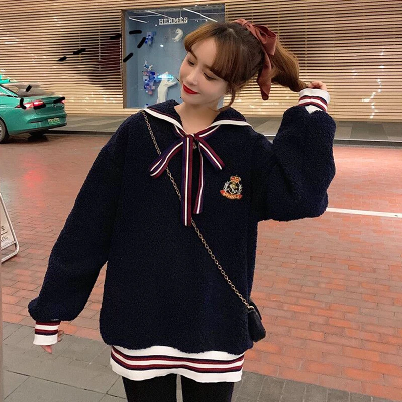 Темно синий воротник в студенческом стиле свободная толстовка с капюшоном