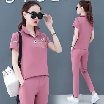 

New Sports Casual Summer Short Sleeve 2 Piece Set Women Fashion Embroidered Trousers Korean Two Piece Set Top and Pants