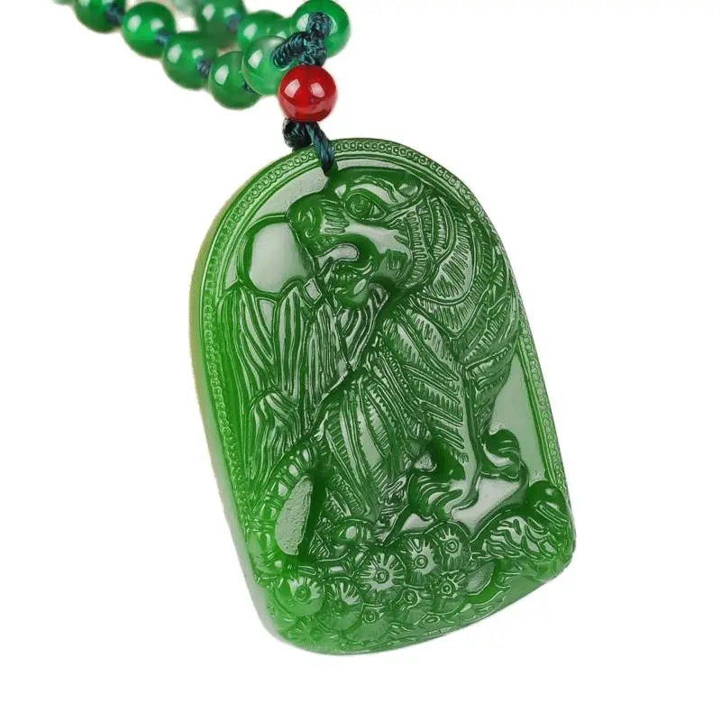 

Chinese Handmade Jasper Spinach Green 12 Zodiac Tiger Jade Hanging Necklace